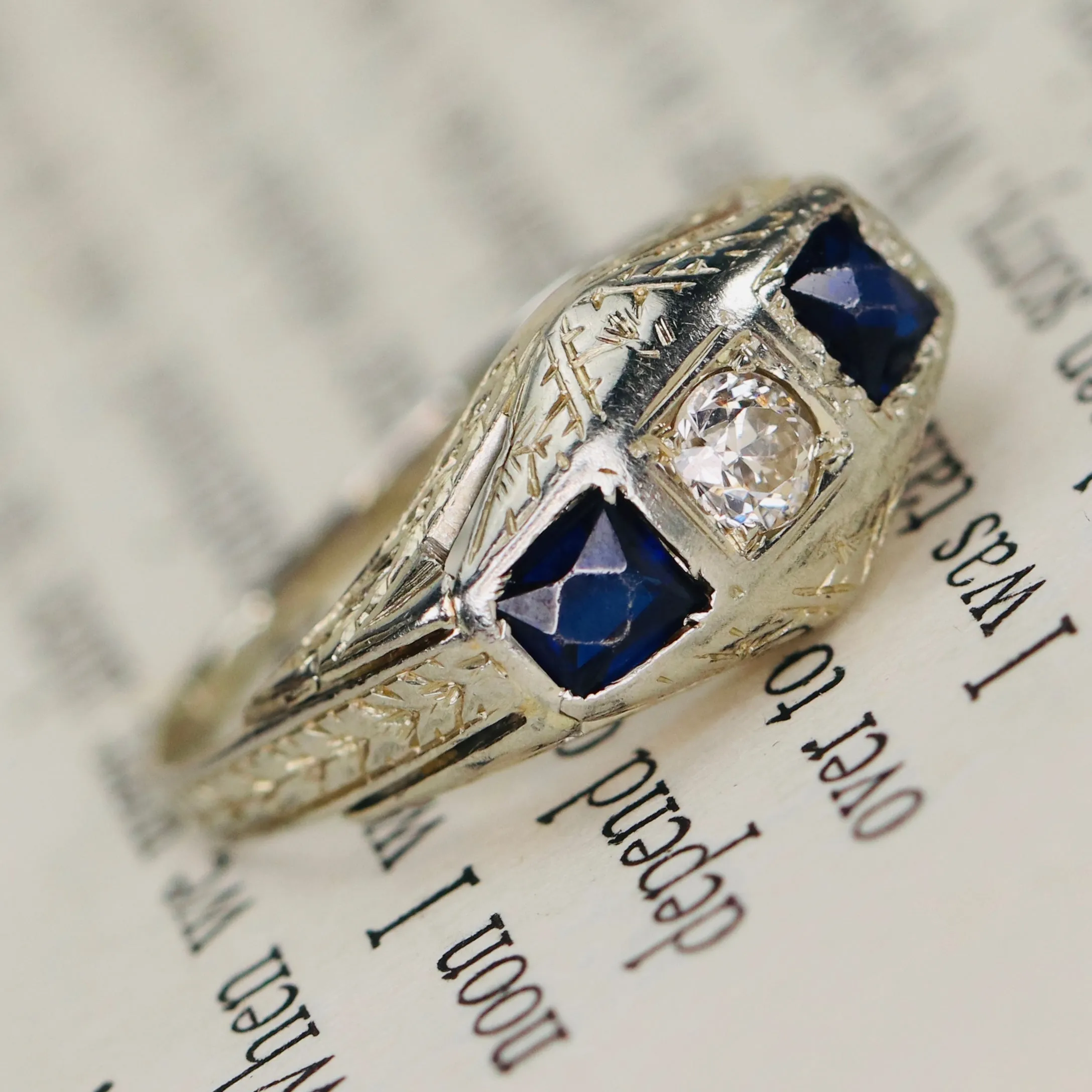 Vintage French cut sapphire and diamond ring in 18k white gold