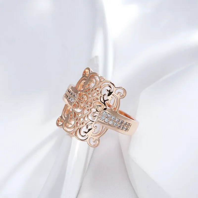 Vintage Gold Square Ring 585 Rose for Women Natural Zircon Jewelry