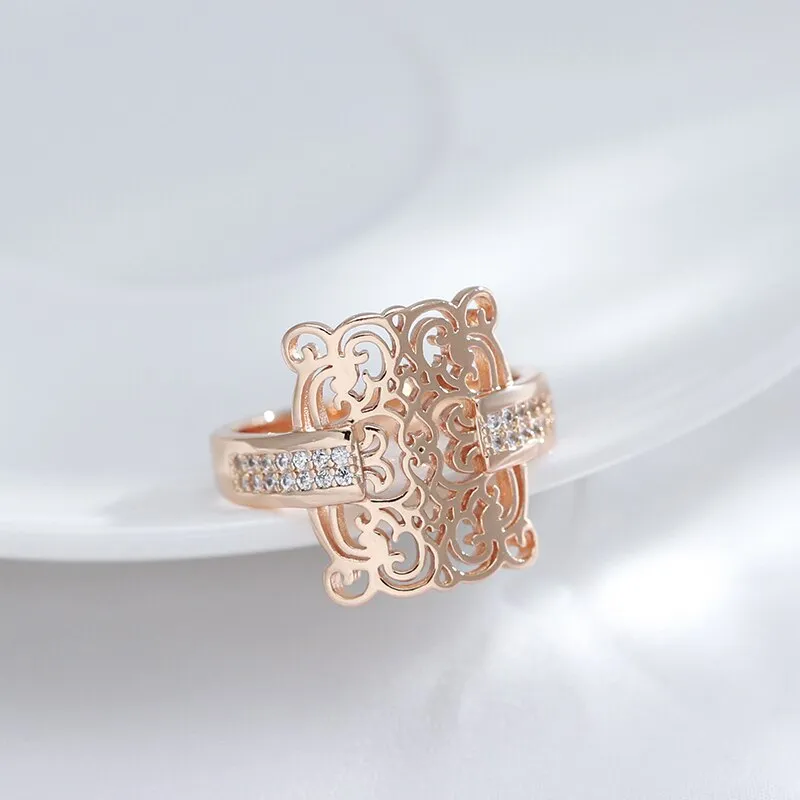 Vintage Gold Square Ring 585 Rose for Women Natural Zircon Jewelry