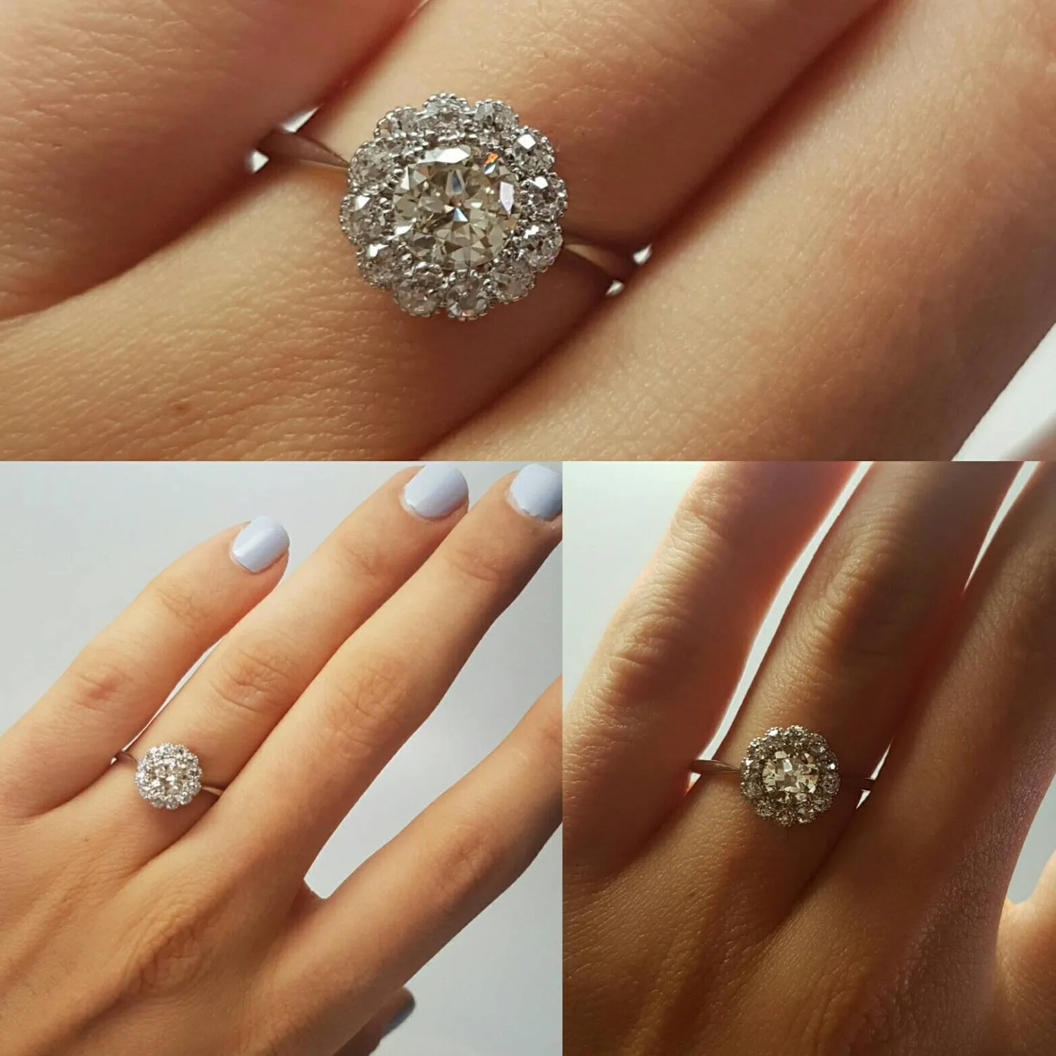 VINTAGE LIGHT YELLOW DIAMOND HALO ENGAGEMENT DAISY RING