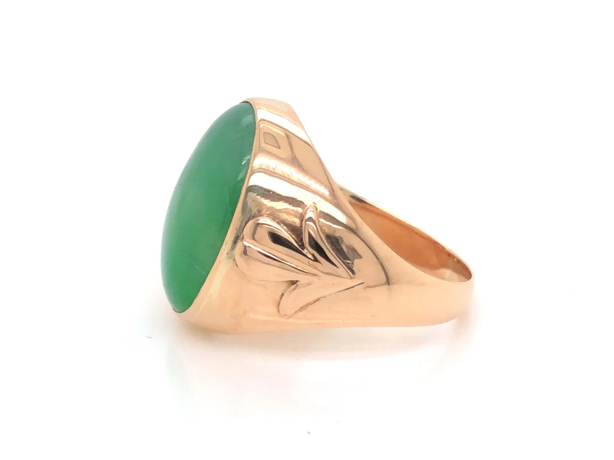 Vintage Men's Oval Cabochon Large Green Jade Ring 14k Yellow Gold