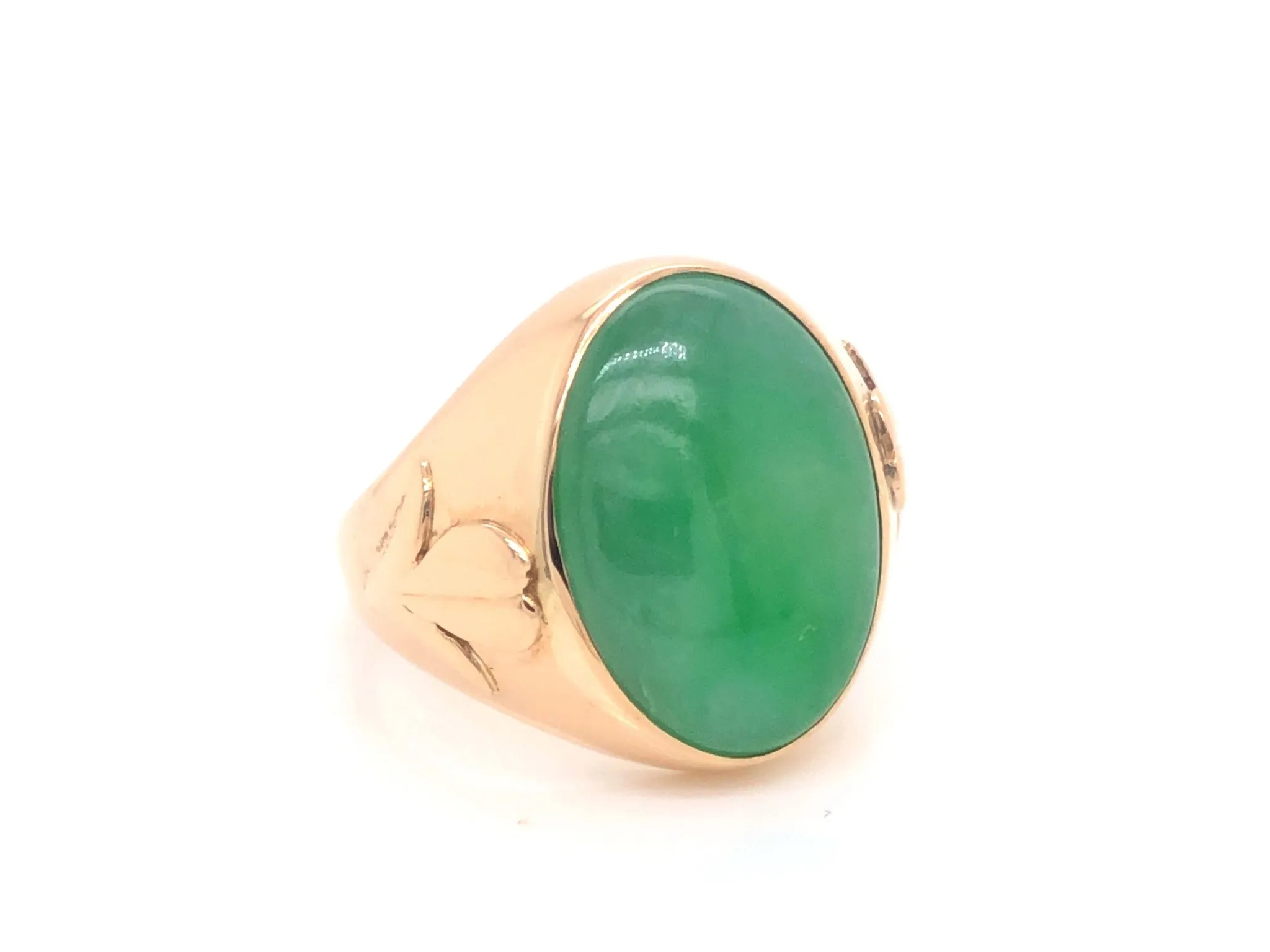 Vintage Men's Oval Cabochon Large Green Jade Ring 14k Yellow Gold