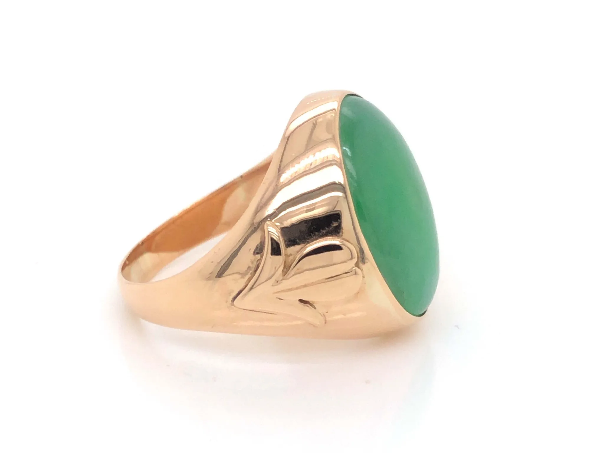 Vintage Men's Oval Cabochon Large Green Jade Ring 14k Yellow Gold
