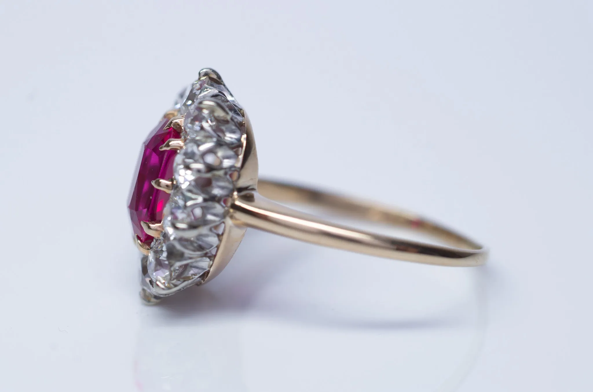 VINTAGE OLD EUROPEAN CUT DIAMOND HALO RING WITH SYNTHETIC  SAPPHIRE