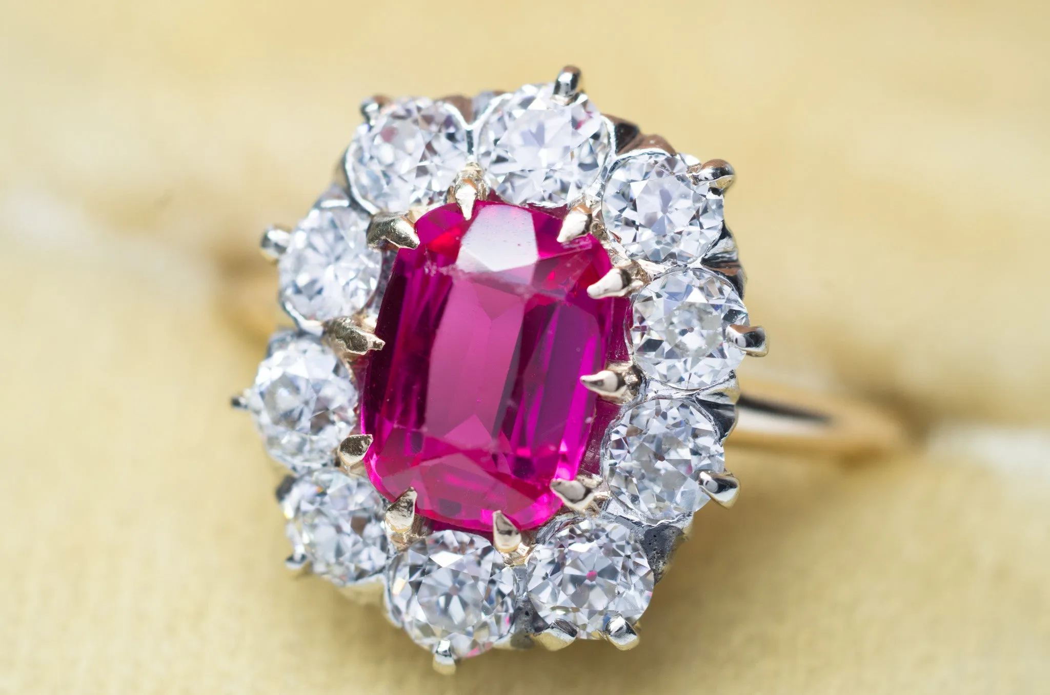VINTAGE OLD EUROPEAN CUT DIAMOND HALO RING WITH SYNTHETIC  SAPPHIRE