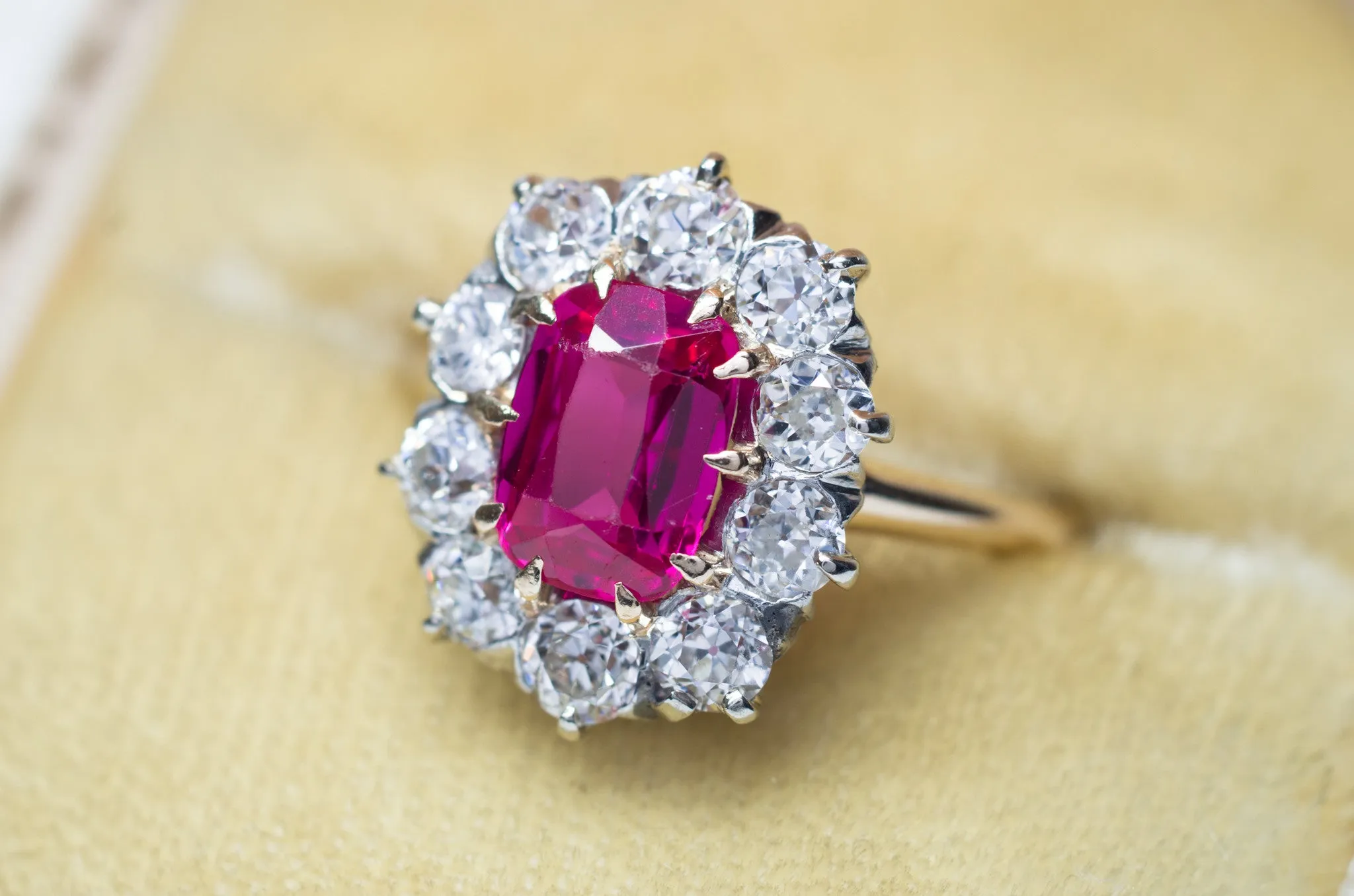 VINTAGE OLD EUROPEAN CUT DIAMOND HALO RING WITH SYNTHETIC  SAPPHIRE