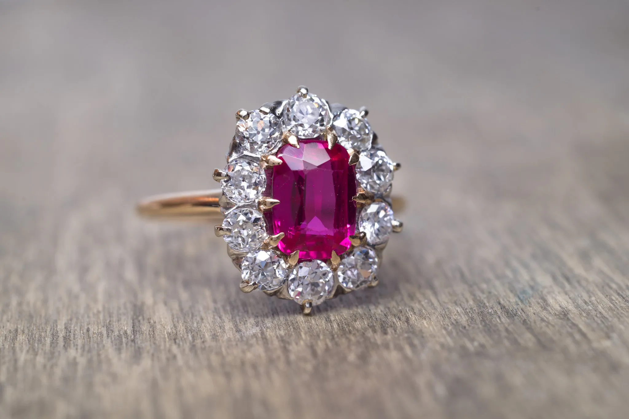 VINTAGE OLD EUROPEAN CUT DIAMOND HALO RING WITH SYNTHETIC  SAPPHIRE
