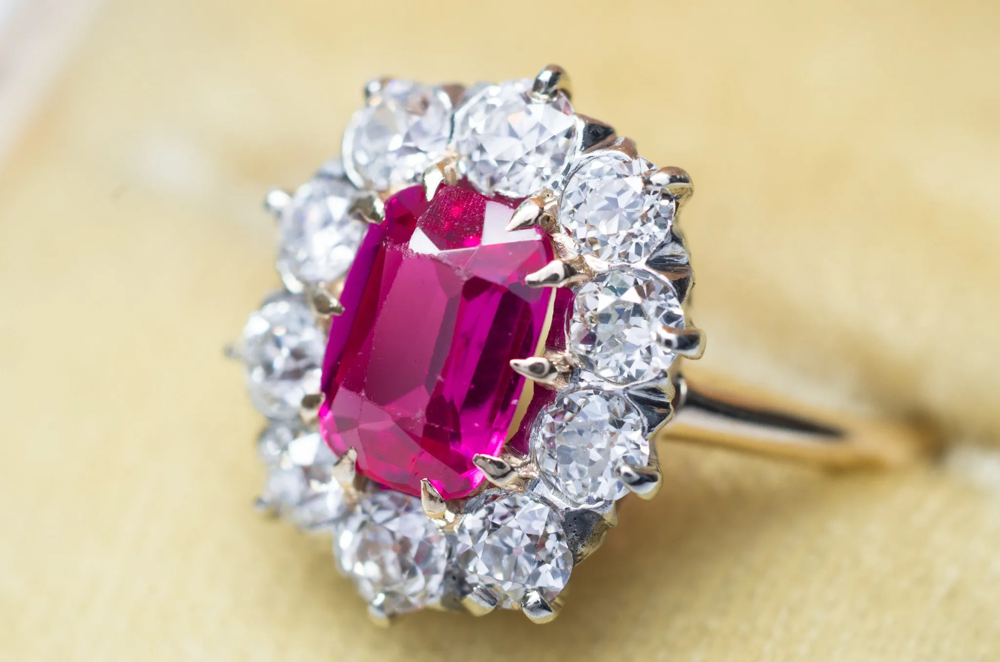 VINTAGE OLD EUROPEAN CUT DIAMOND HALO RING WITH SYNTHETIC  SAPPHIRE