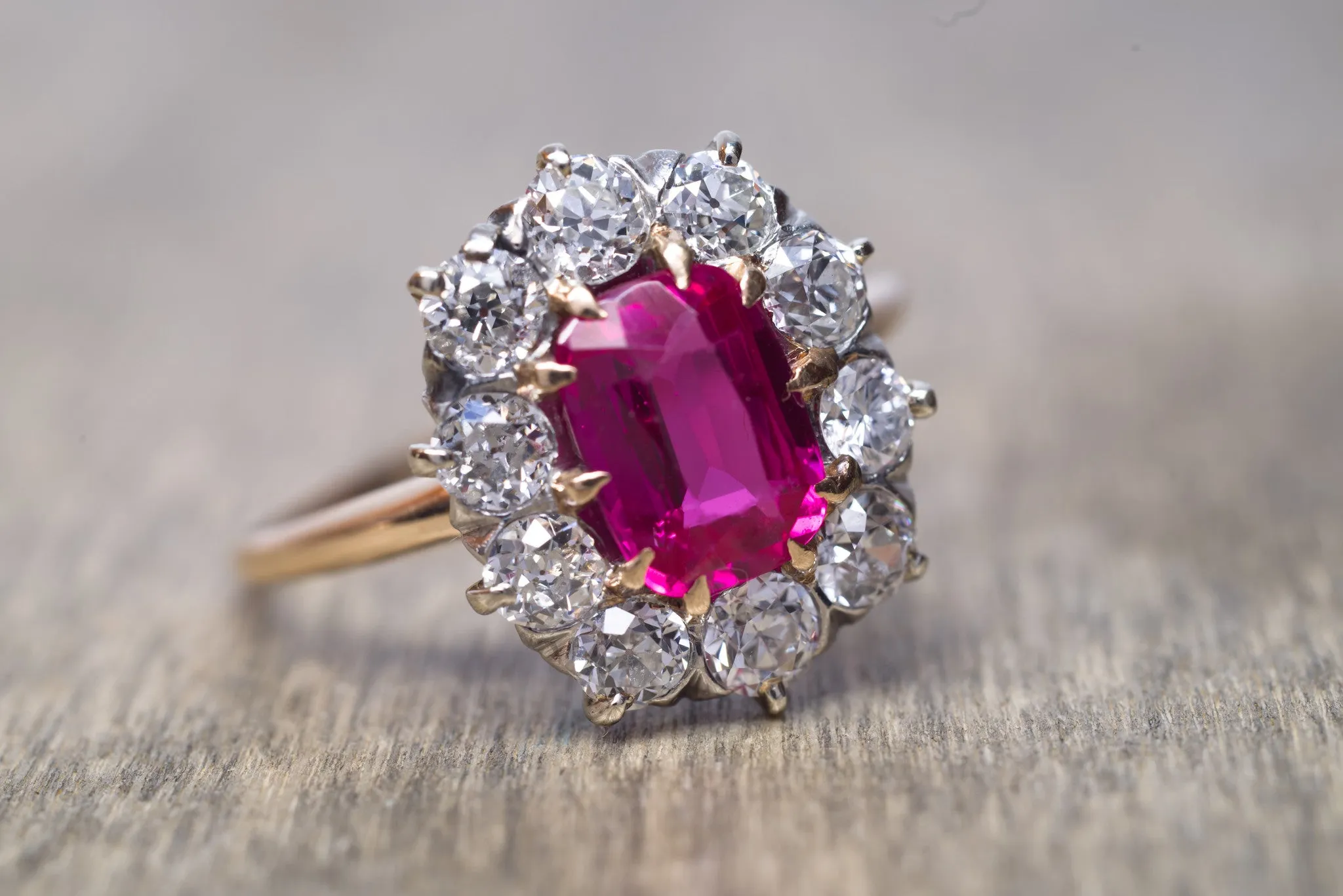 VINTAGE OLD EUROPEAN CUT DIAMOND HALO RING WITH SYNTHETIC  SAPPHIRE