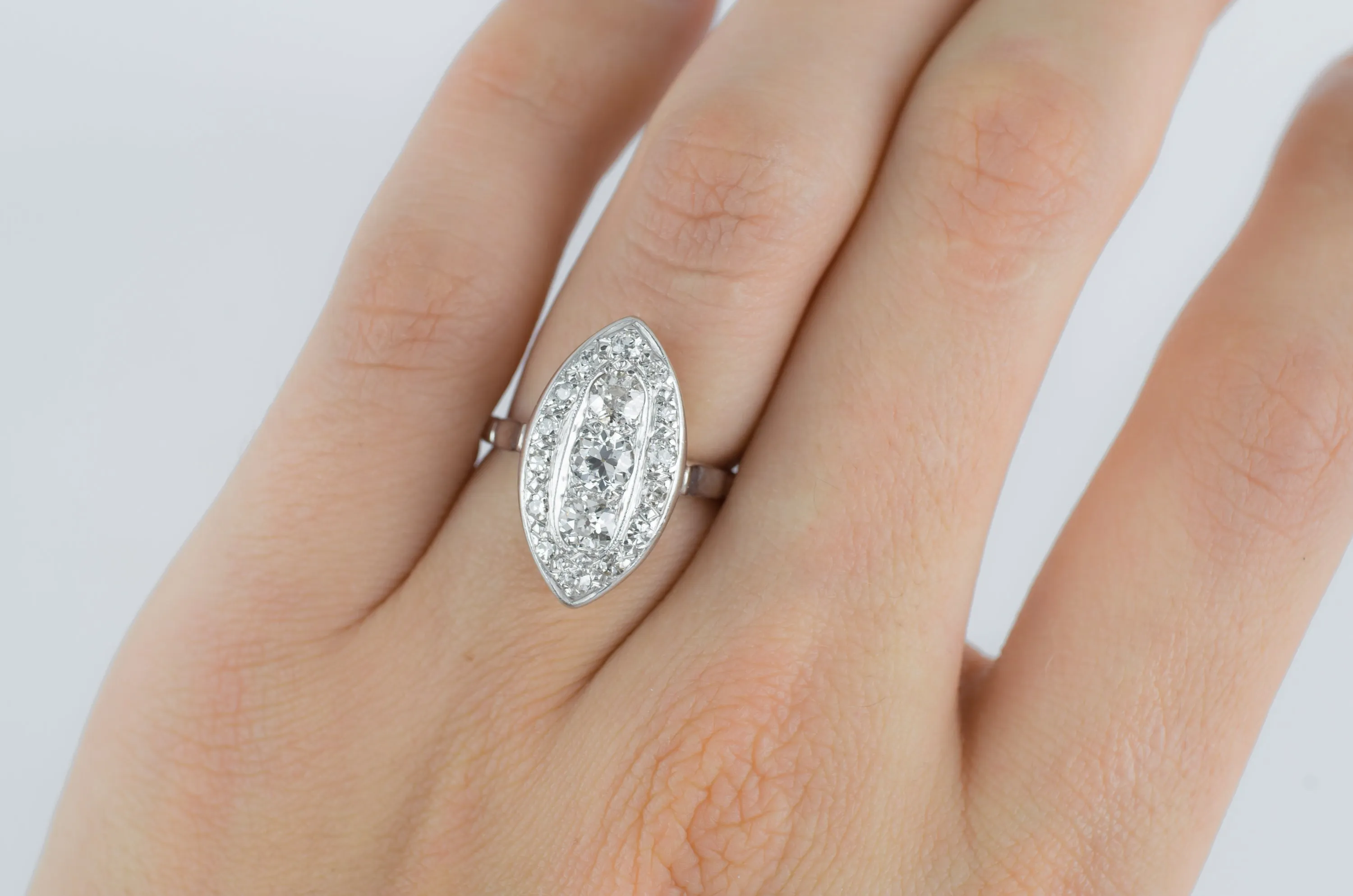 VINTAGE OLD EUROPEAN CUT DIAMOND NAVETTE RING