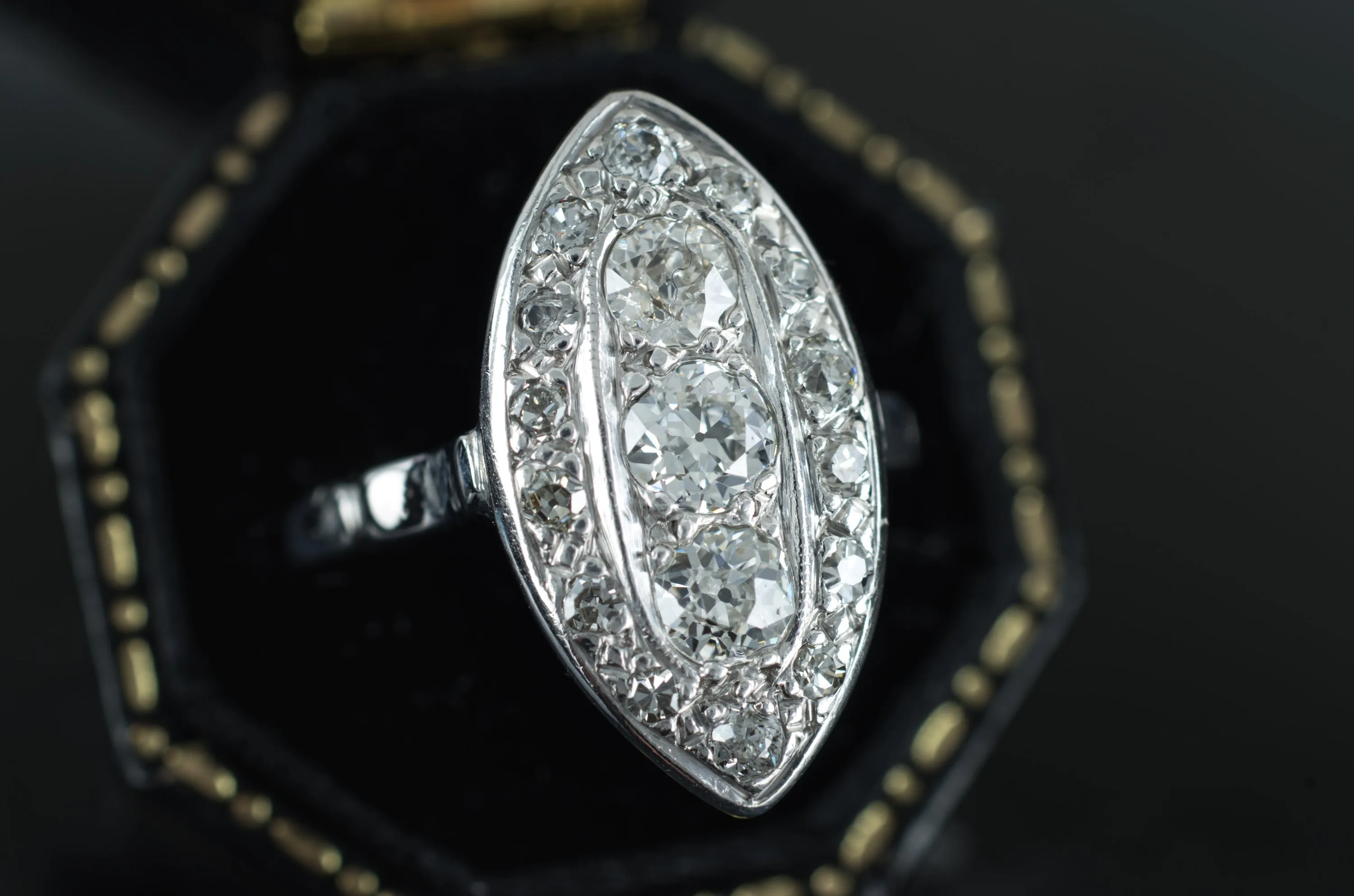 VINTAGE OLD EUROPEAN CUT DIAMOND NAVETTE RING