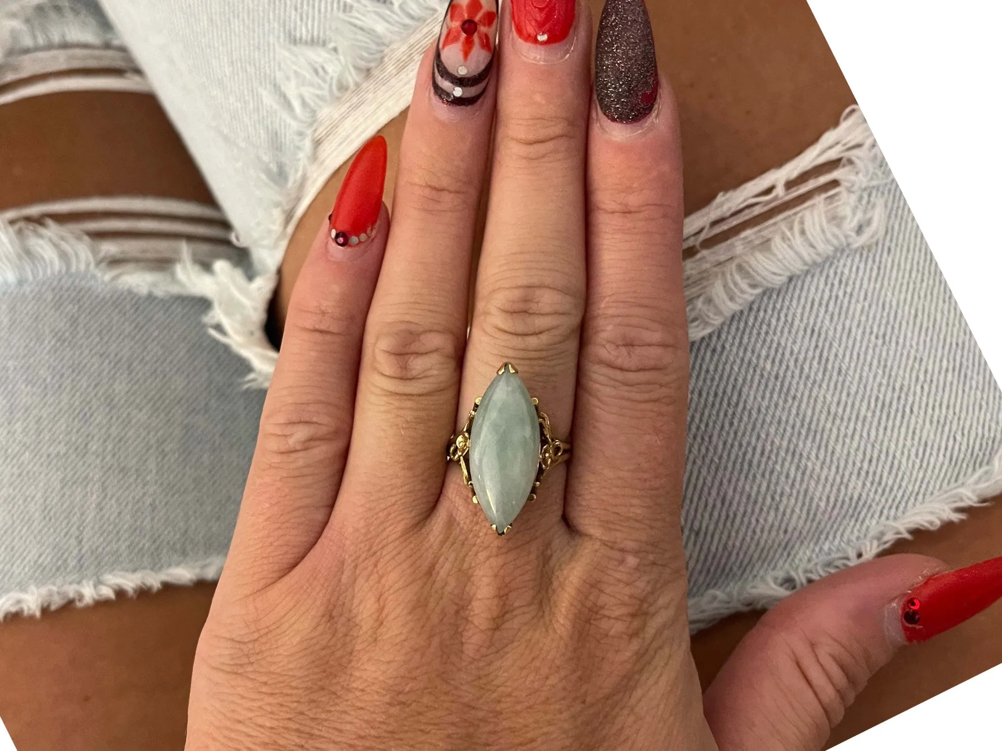 Vintage Pale Green Jade Novette Ring in 14k Yellow Gold