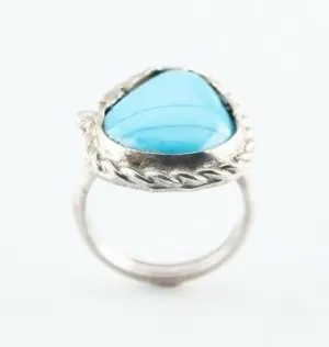 Vintage Silver Handmade Bezel-Set Turquoise Ring w/ Rope Border Size 6.5