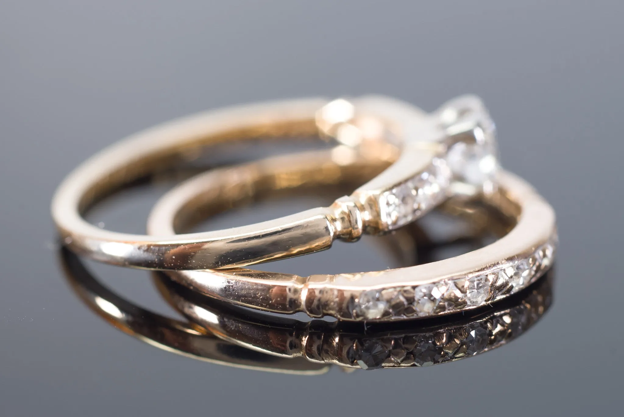 VINTAGE TRAUB ORANGE BLOSSOM TRANSITIONAL CUT DIAMOND WEDDING SET