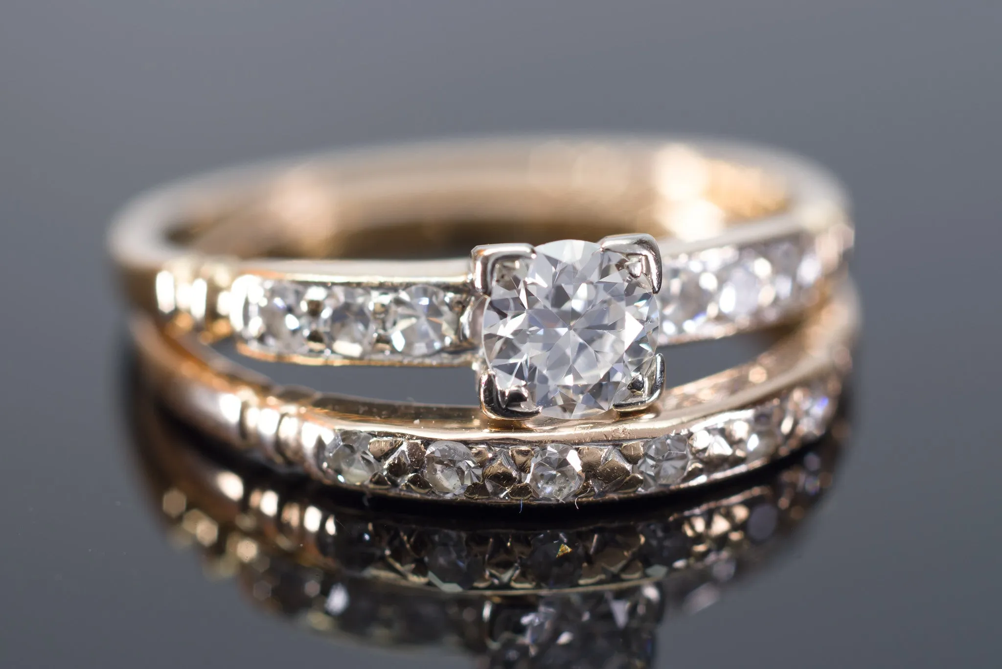 VINTAGE TRAUB ORANGE BLOSSOM TRANSITIONAL CUT DIAMOND WEDDING SET