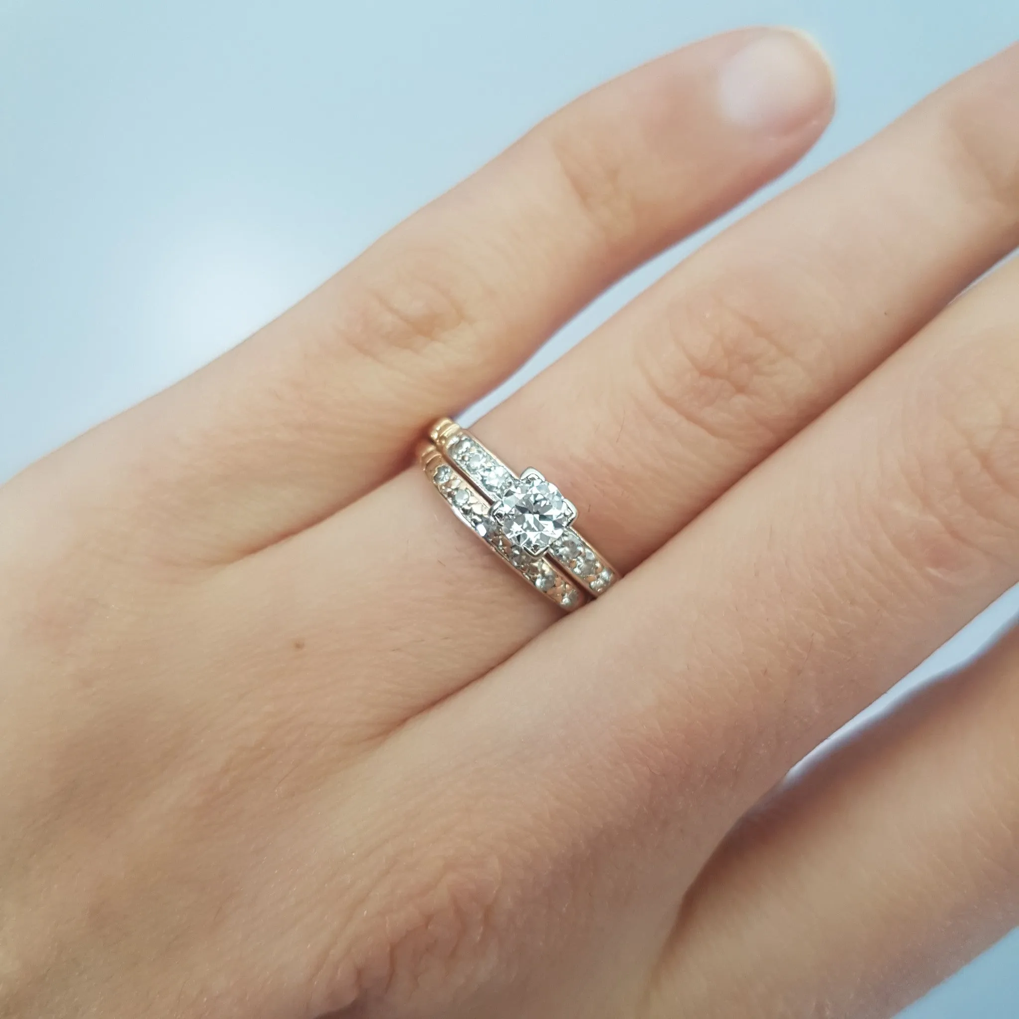 VINTAGE TRAUB ORANGE BLOSSOM TRANSITIONAL CUT DIAMOND WEDDING SET
