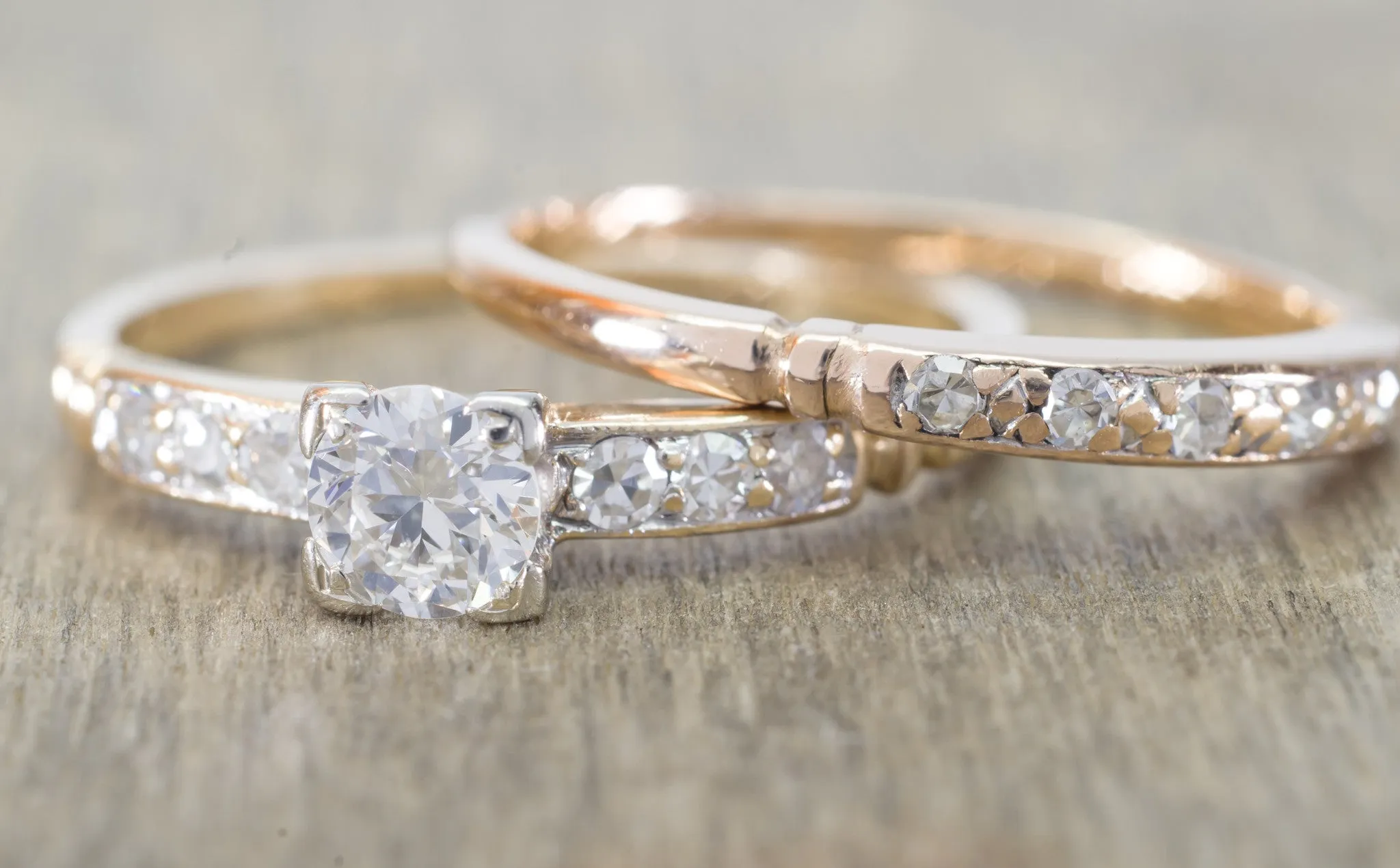 VINTAGE TRAUB ORANGE BLOSSOM TRANSITIONAL CUT DIAMOND WEDDING SET