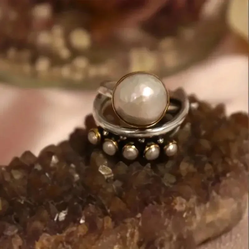 Vintage Two Tone Pearl Ring Women Accessories Girl Party Jewelry