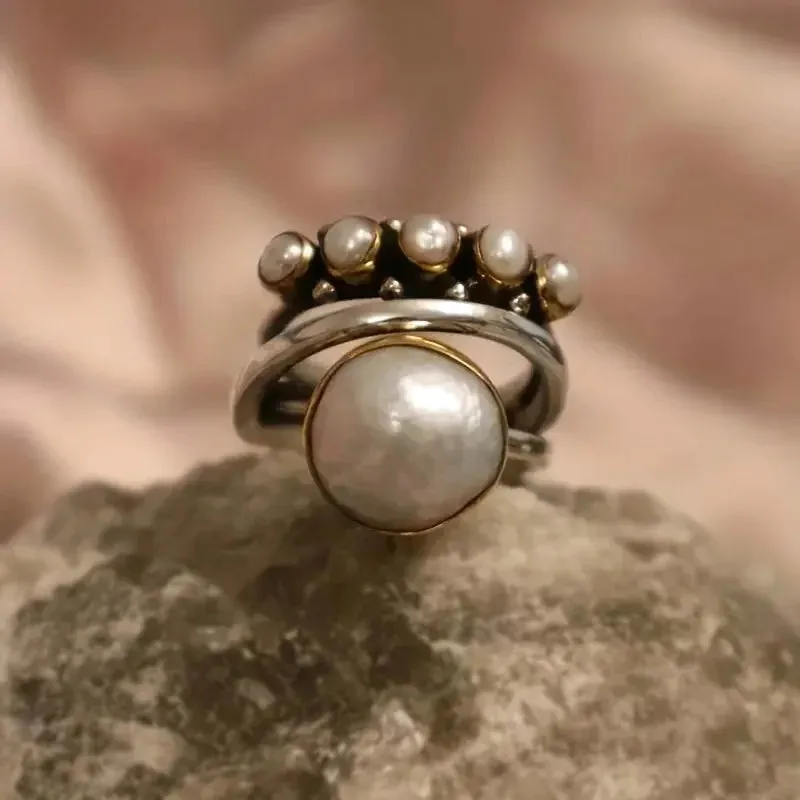 Vintage Two Tone Pearl Ring Women Accessories Girl Party Jewelry
