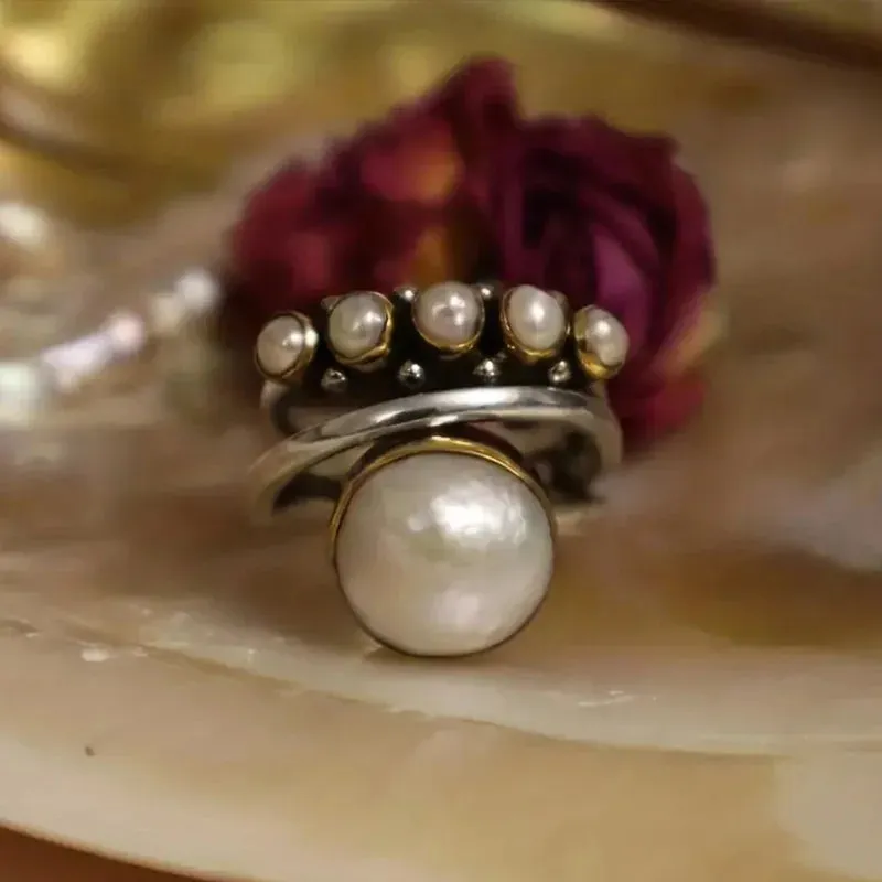 Vintage Two Tone Pearl Ring Women Accessories Girl Party Jewelry