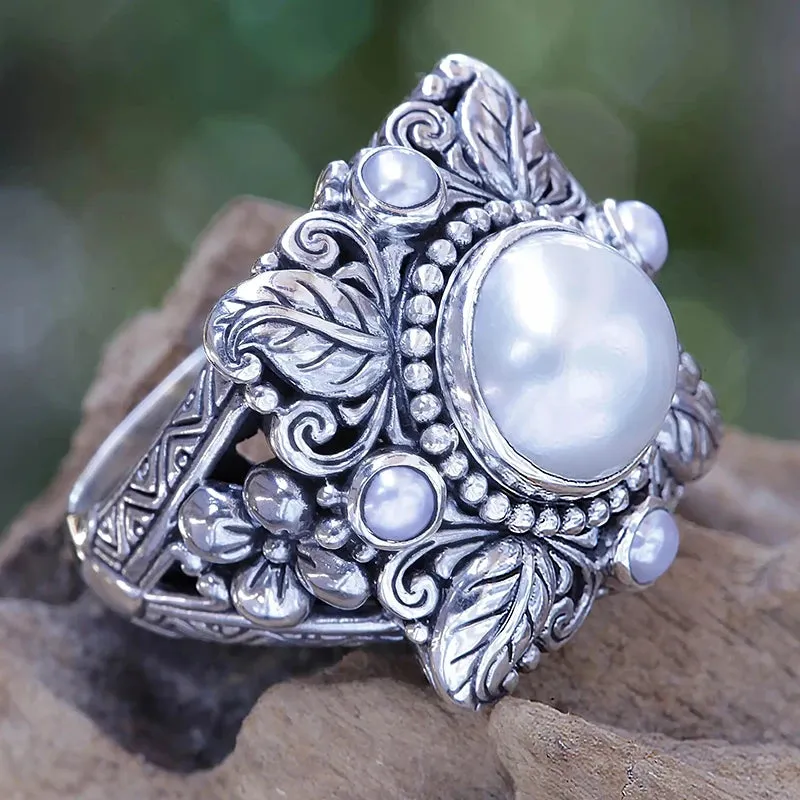 Vintage Two Tone Pearl Ring Women Accessories Girl Party Jewelry