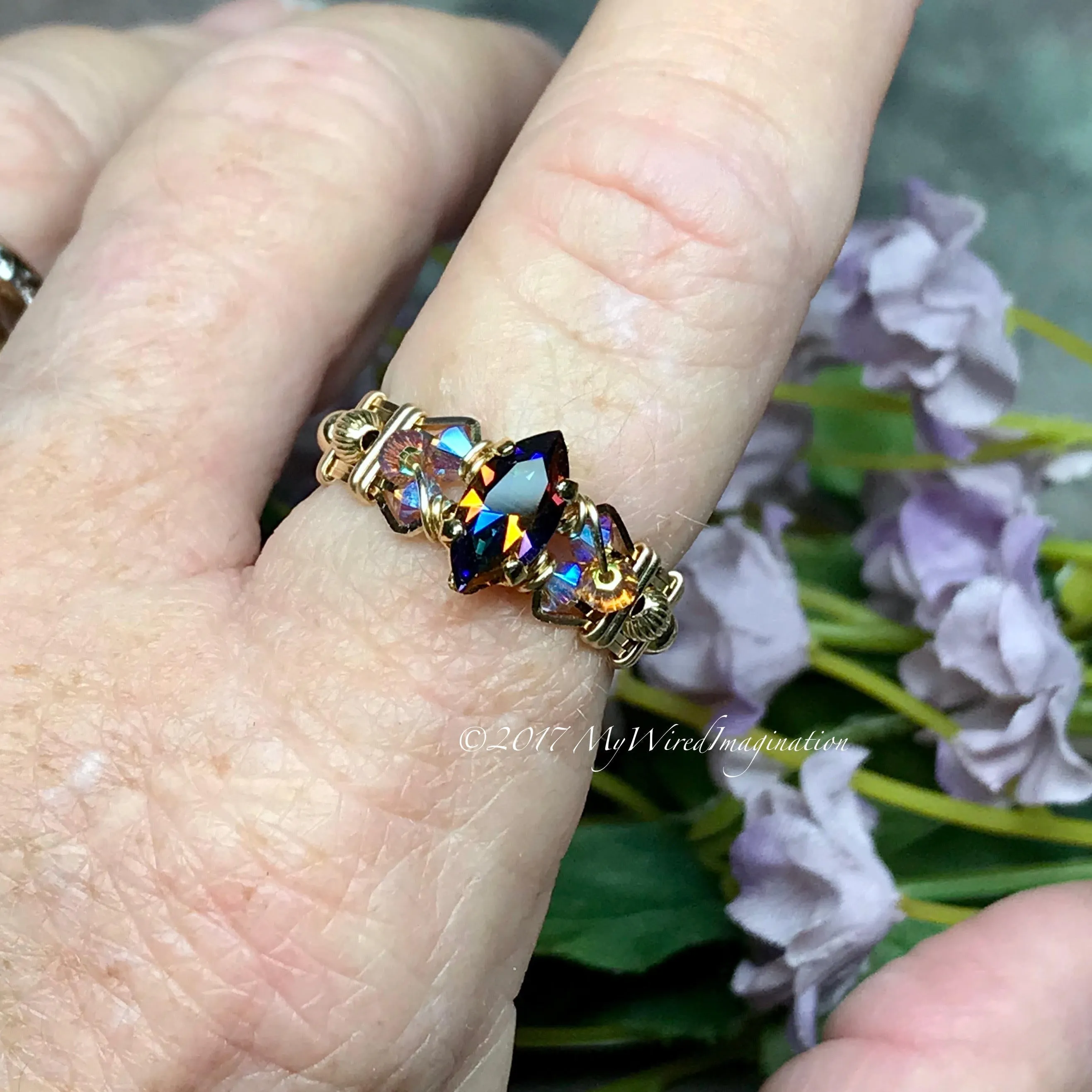 Vitrail Dark Vintage Swarovski Crystal Handmade Ring 14K GF US Size 6.5