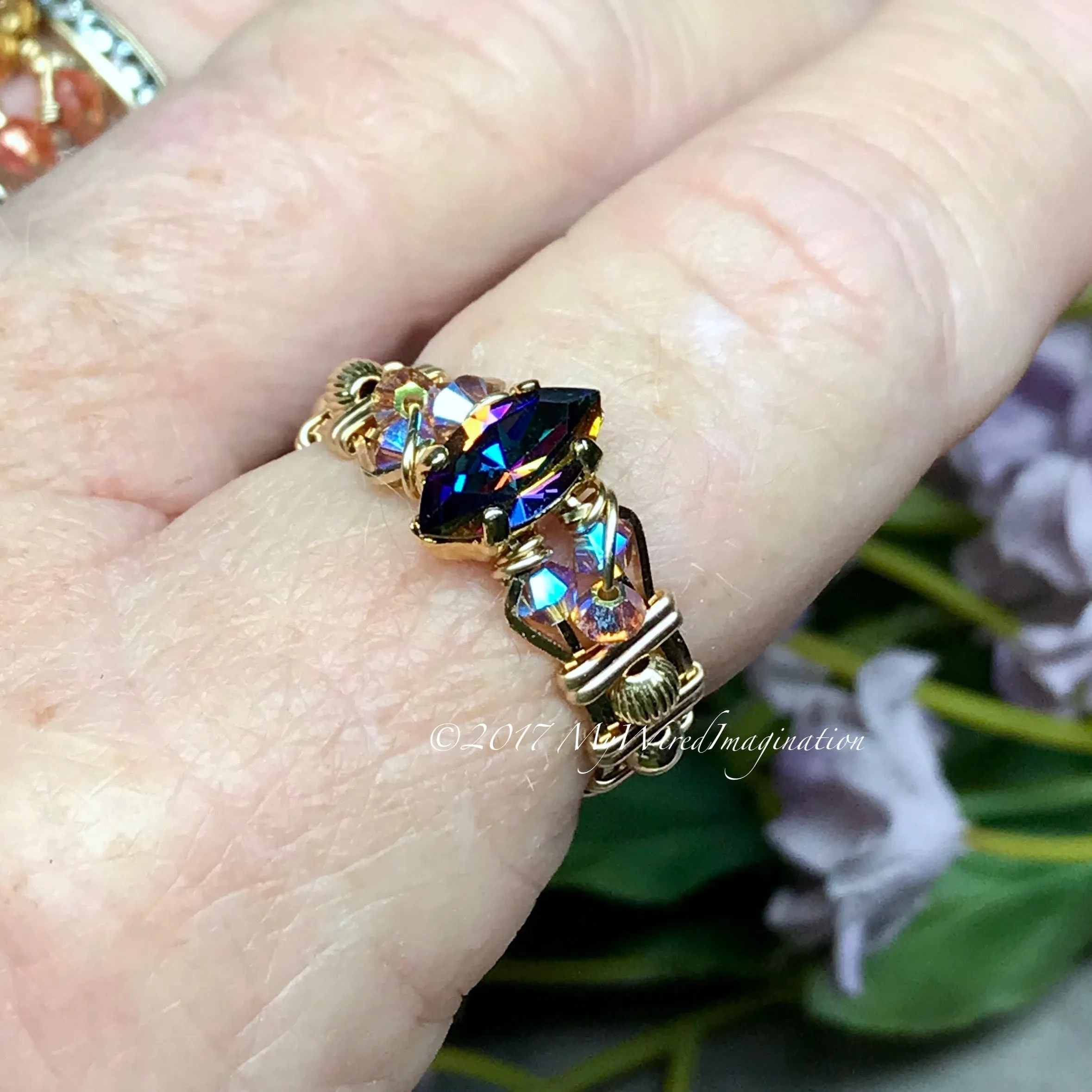 Vitrail Dark Vintage Swarovski Crystal Handmade Ring 14K GF US Size 6.5