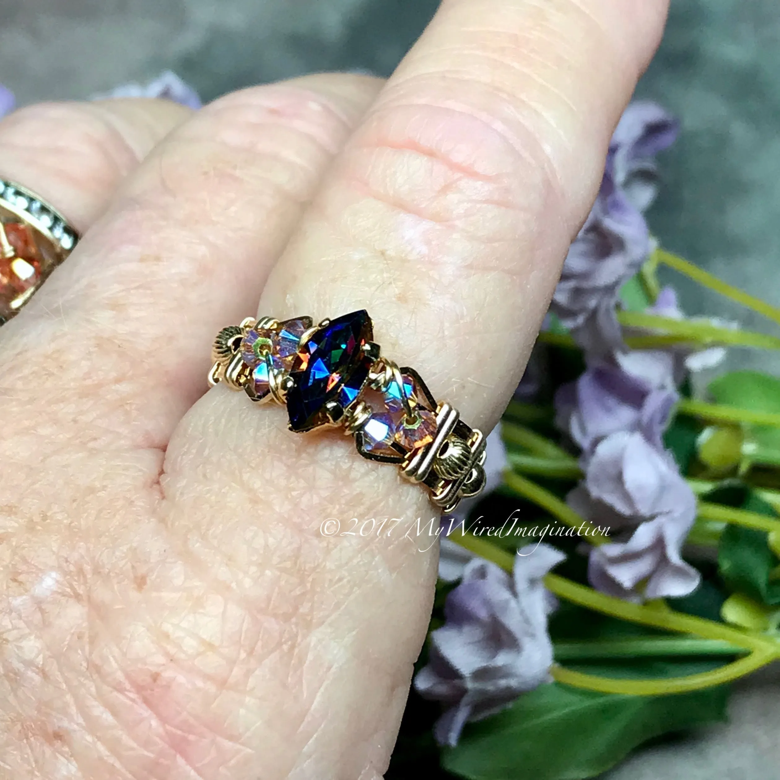 Vitrail Dark Vintage Swarovski Crystal Handmade Ring 14K GF US Size 6.5