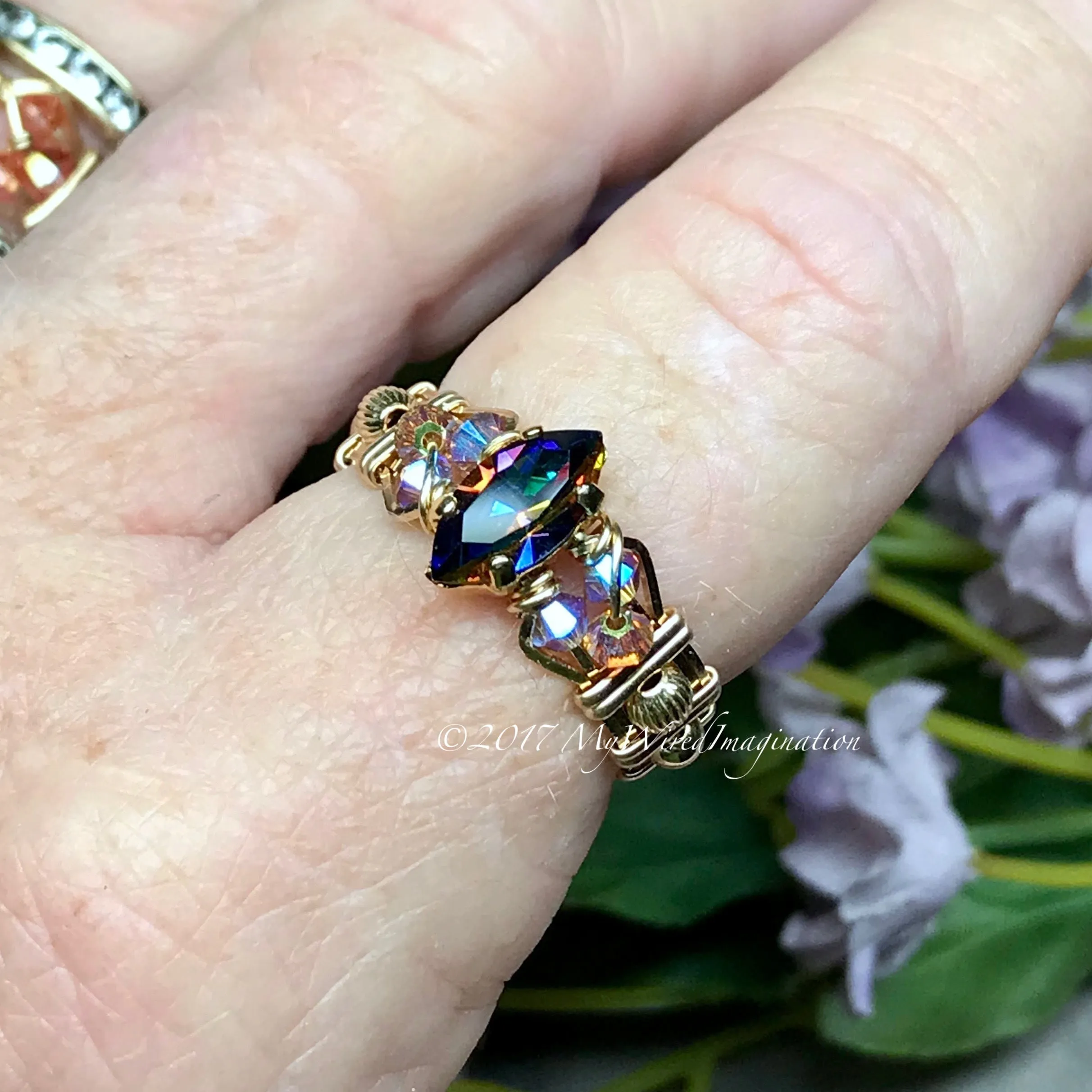 Vitrail Dark Vintage Swarovski Crystal Handmade Ring 14K GF US Size 6.5