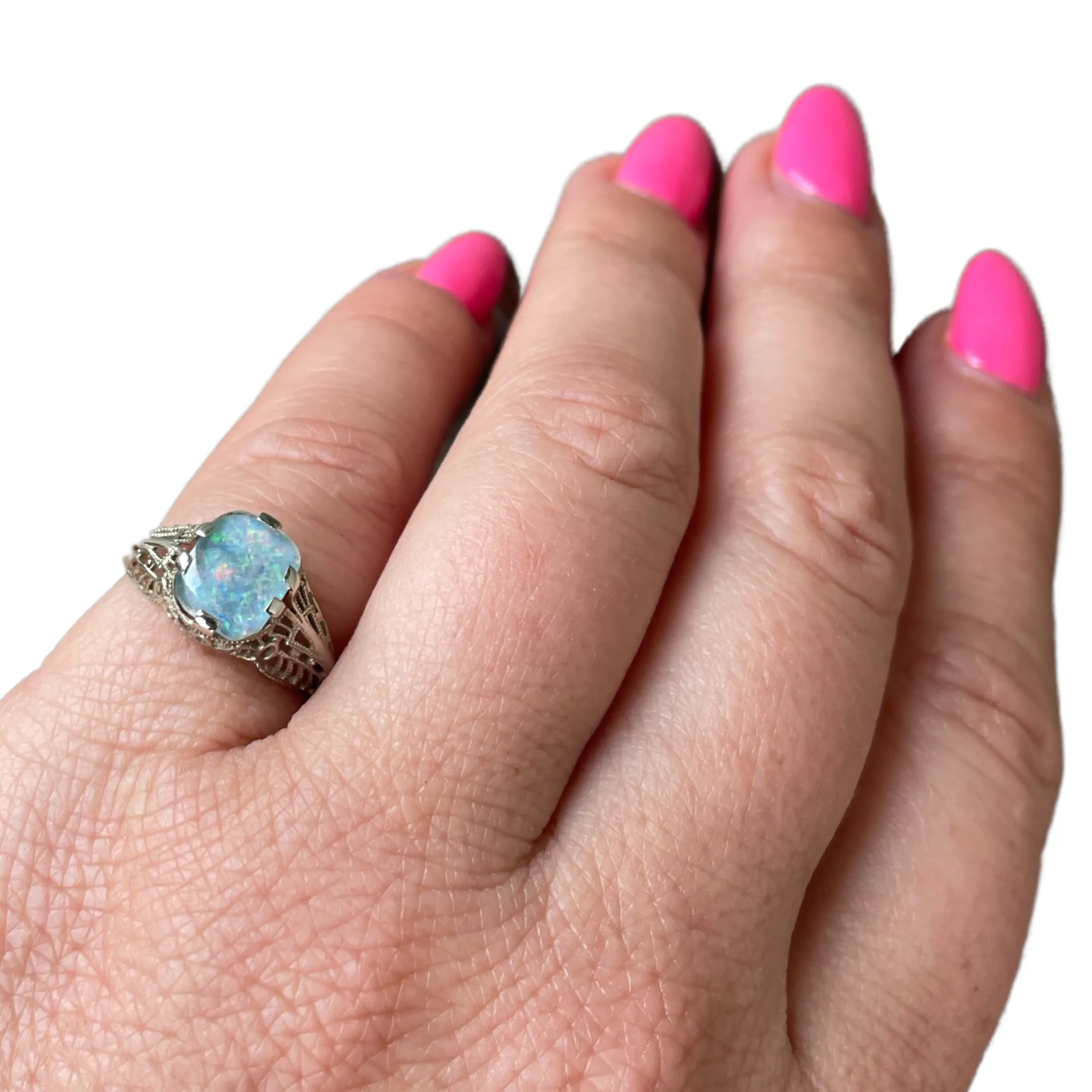 White Gold Filigree Opal Ring (Authentic Pre-Owned)
