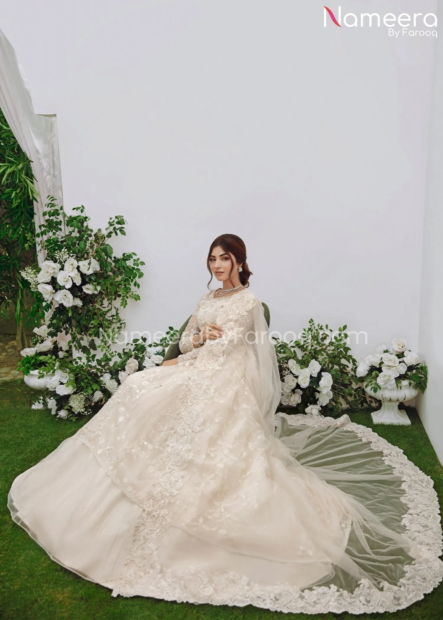 White Pakistani Bridal Dress in Lehenga Gown #BS620