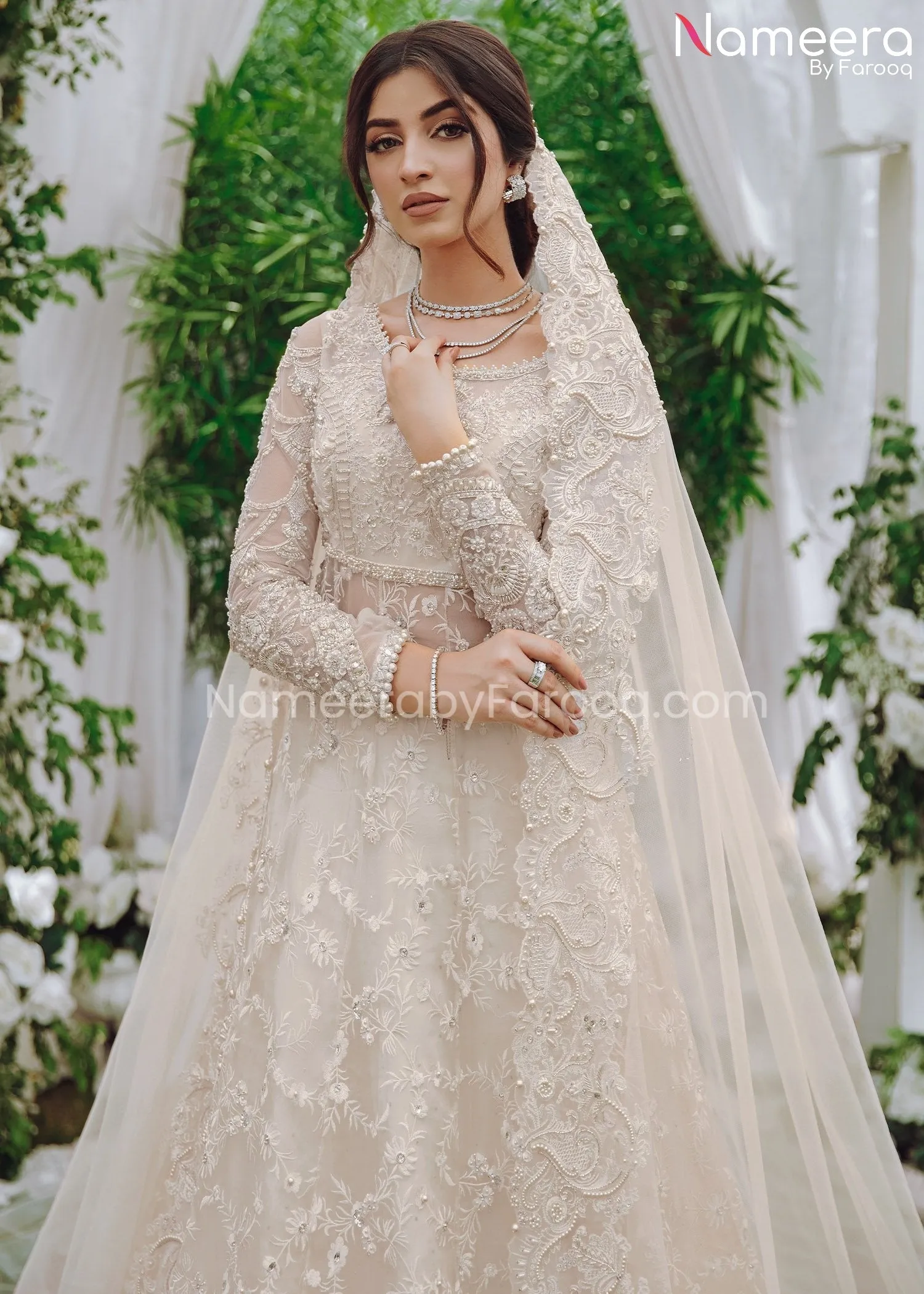 White Pakistani Bridal Dress in Lehenga Gown #BS620